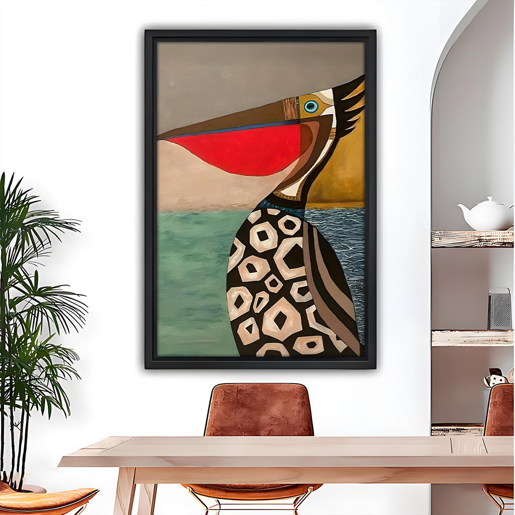 Framed geometric pelican coastal canvas wall art with bold red and teal tones, hung above a light wood dining table with leather chairs