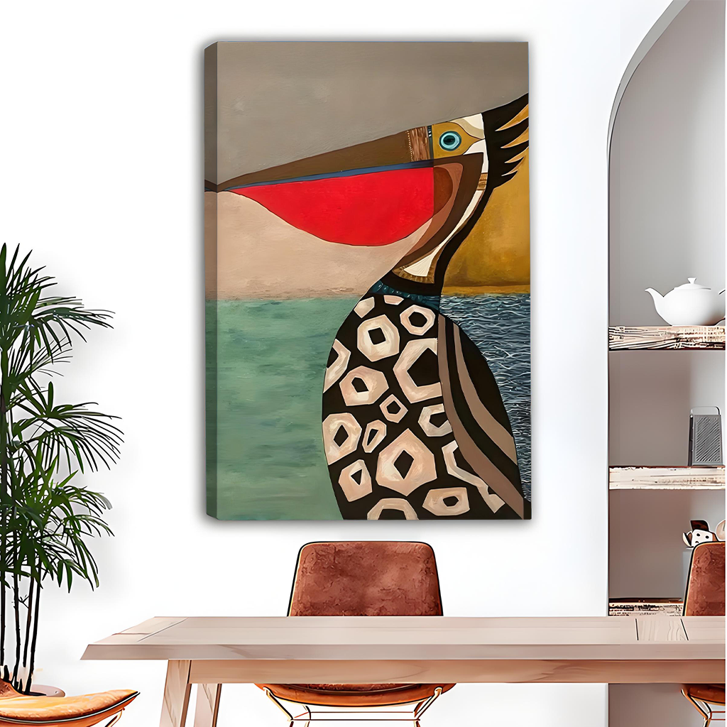 Gallery-wrap geometric pelican canvas print with vivid coastal colors, displayed above a dining table in a modern room with arched mirror