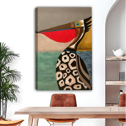 Gallery-wrap geometric pelican canvas print with vivid coastal colors, displayed above a dining table in a modern room with arched mirror