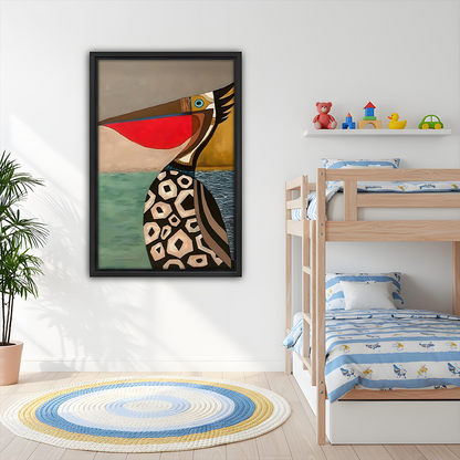 Framed geometric pelican coastal canvas art hung on white wall in a bright kids bedroom with wooden bunk bed and colorful rug