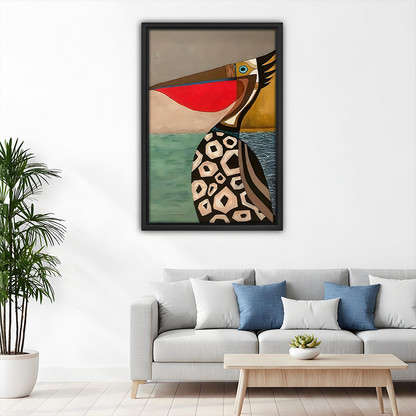Geometric pelican framed canvas wall art above a grey sofa with blue cushions in a minimalist coastal living room with palm plant