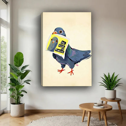 Frameless funny pigeon canvas wall art – Be Nice to Pigeons bird print for living room decor