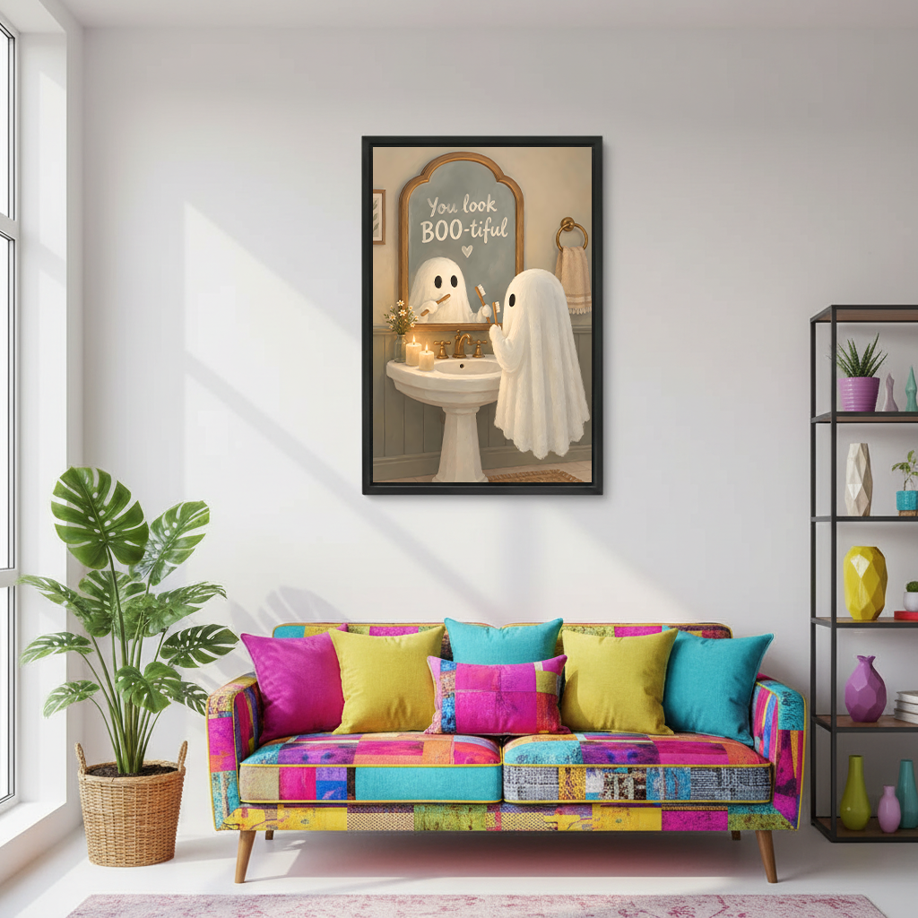 Close view of framed ghost bathroom canvas wall art, candlelit mirror scene, on a grey marble bathroom wall