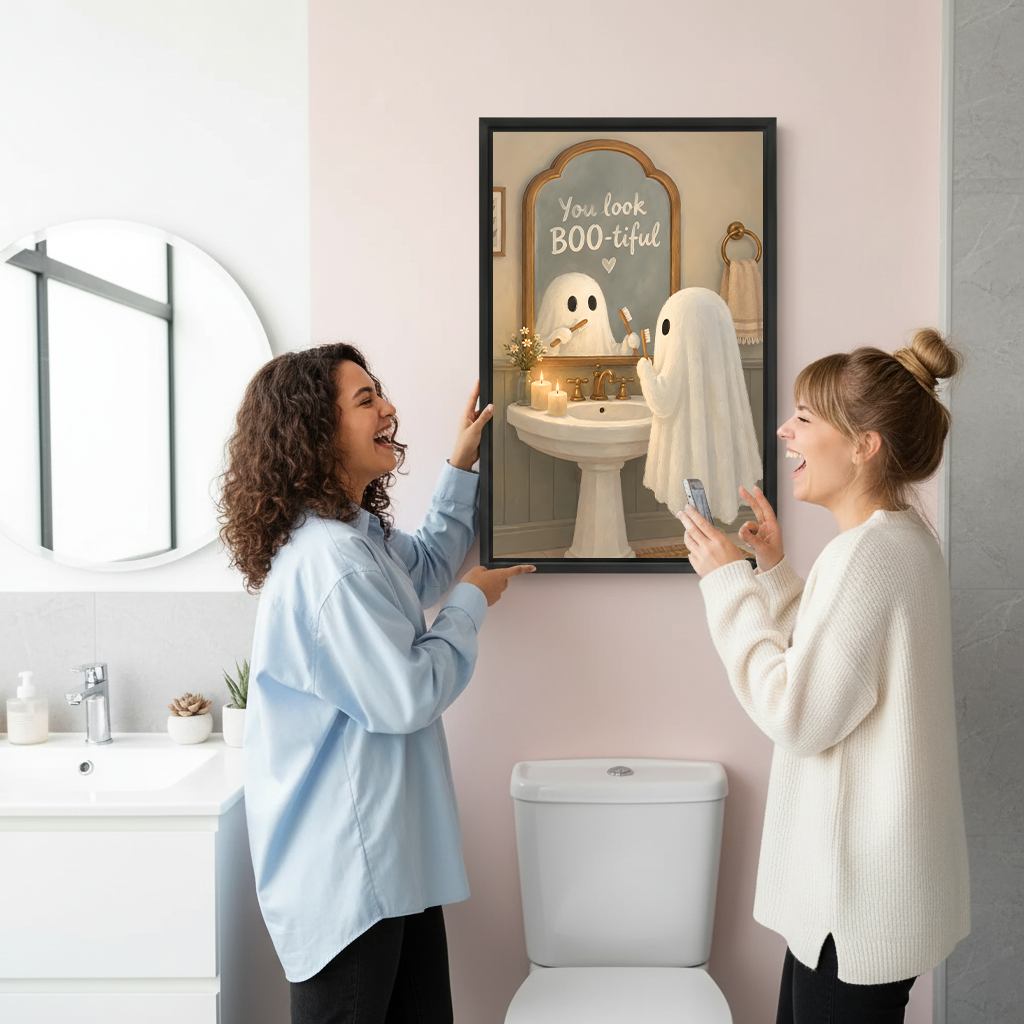 Black framed ghost canvas wall art beside a rustic wood washstand, round mirror and potted plants in a bathroom
