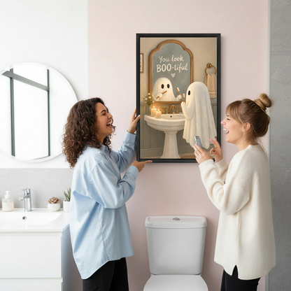 Black framed ghost canvas wall art beside a rustic wood washstand, round mirror and potted plants in a bathroom