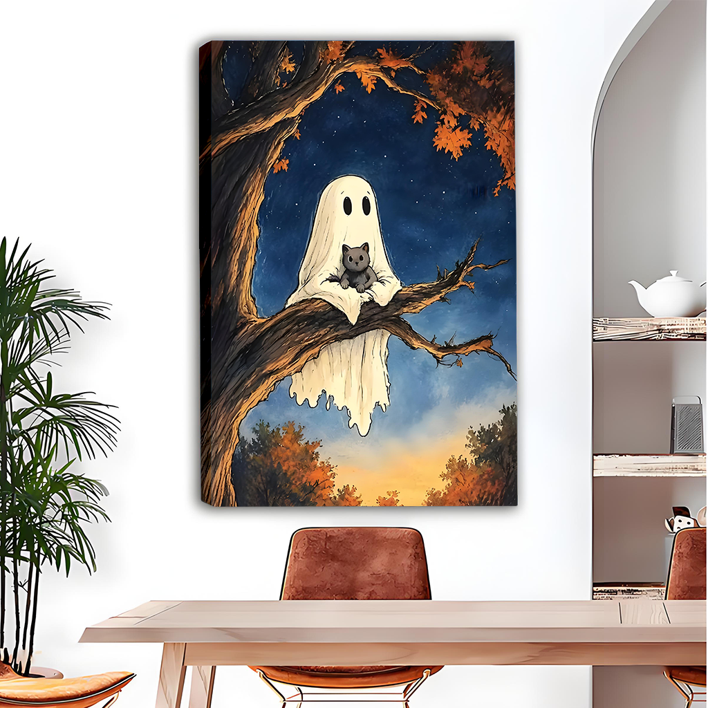 Ghost cat canvas wall art featuring a white spirit cuddling a black cat beneath autumn leaves