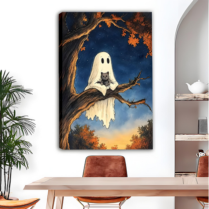 Ghost cat canvas wall art featuring a white spirit cuddling a black cat beneath autumn leaves