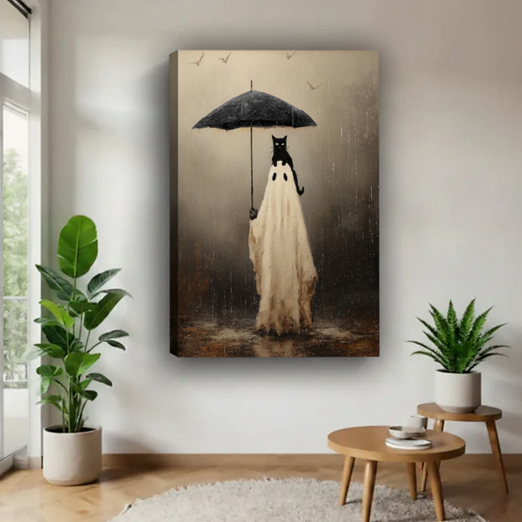  Surreal ghost cat umbrella canvas art unframed gallery wrap displayed in minimalist living room