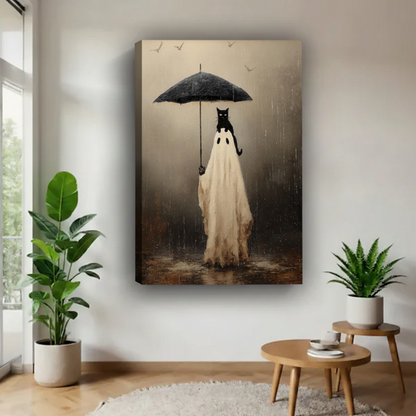  Surreal ghost cat umbrella canvas art unframed gallery wrap displayed in minimalist living room
