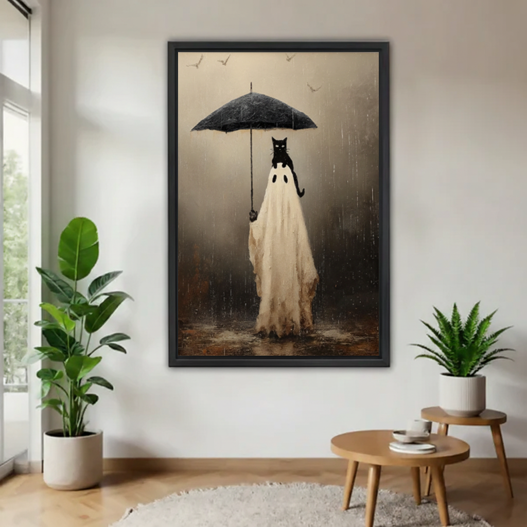 Ghost cat with umbrella in rain framed wall art hanging in bright white entryway with tropical plants