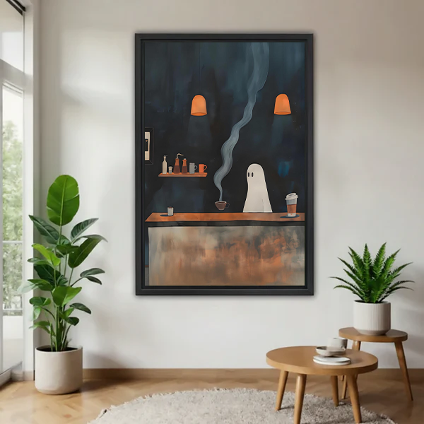 Ghost coffee shop canvas wall art displayed between houseplants in a bright room.