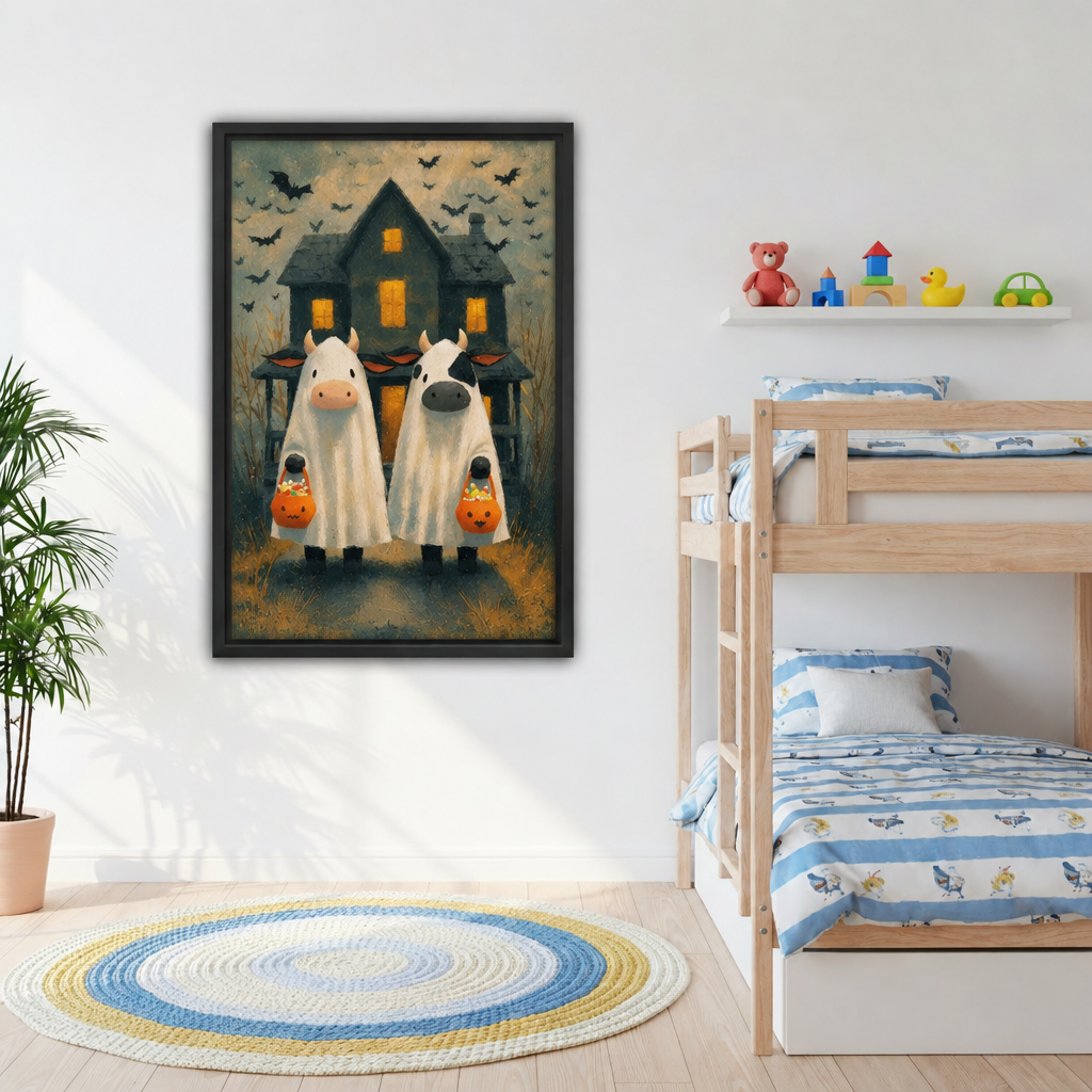 Ghost cow Halloween canvas wall art imagined in a bedroom, featuring two cow ghosts and pumpkin candy buckets.