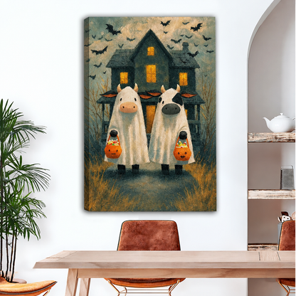 Ghost cow Halloween canvas wall art imagined as a gallery-wrapped canvas above a dining table.