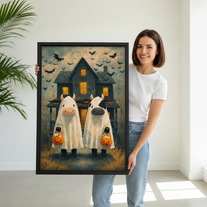 Ghost cow Halloween canvas wall art imagined being held to show its portrait shape and playful artwork.