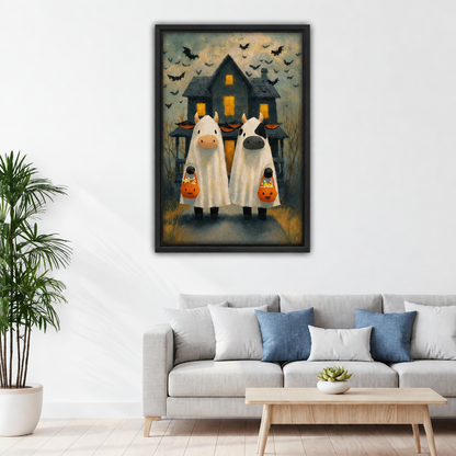 Ghost cow Halloween canvas wall art imagined on a living room wall with a glowing haunted house and bats.