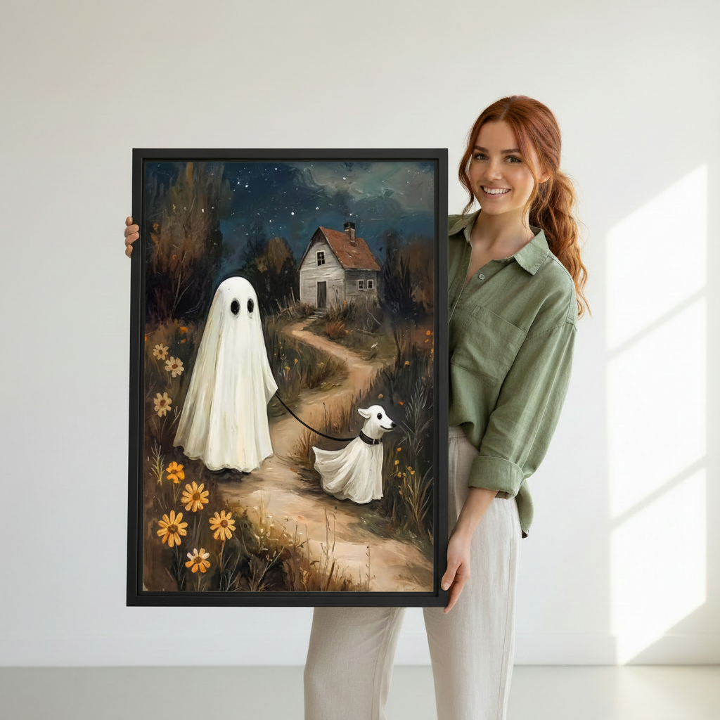 Smiling woman holding large framed ghost dog night walk canvas wall art print against white wall with natural light
