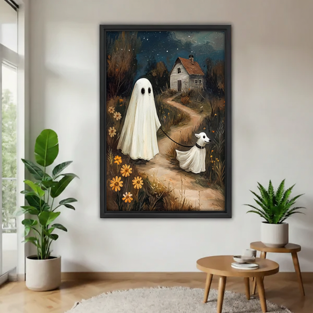 Whimsical ghost walking dog Halloween framed wall art print displayed in minimalist white room with tropical plants