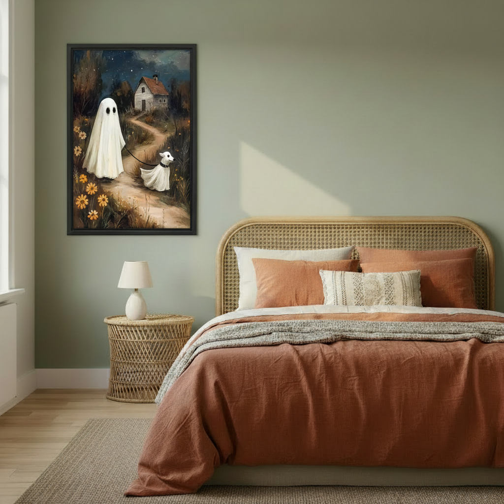 Ghost dog night walk framed canvas wall art hanging in sage green boho bedroom with rattan bed and terracotta bedding