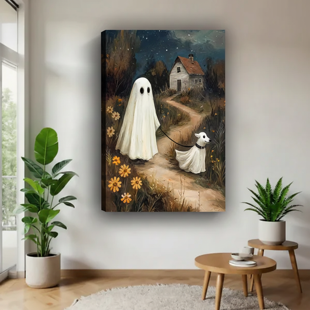 Moody ghost dog oil painting gallery wrap canvas art hung in bright living room beside green monstera and fern plants