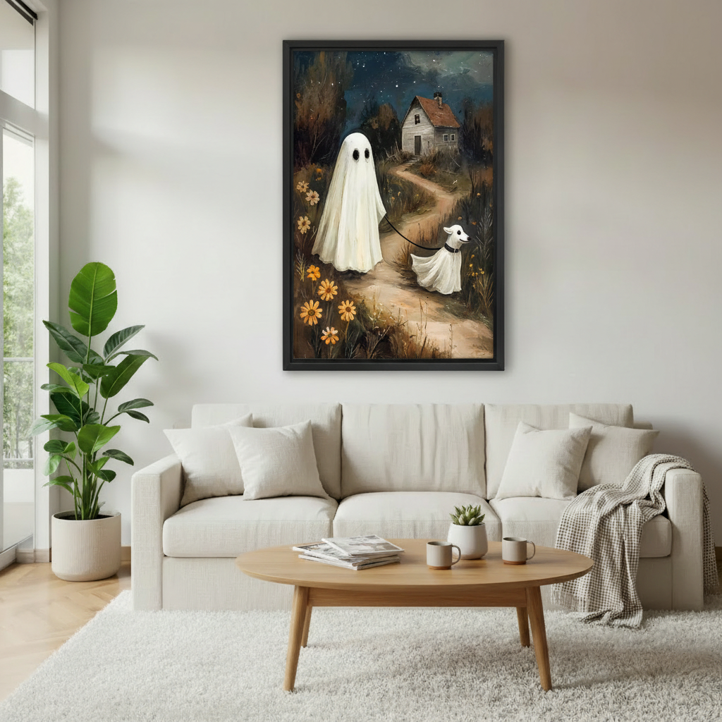 Halloween ghost dog framed canvas print above cream sofa in Scandinavian living room with wooden coffee table and plants