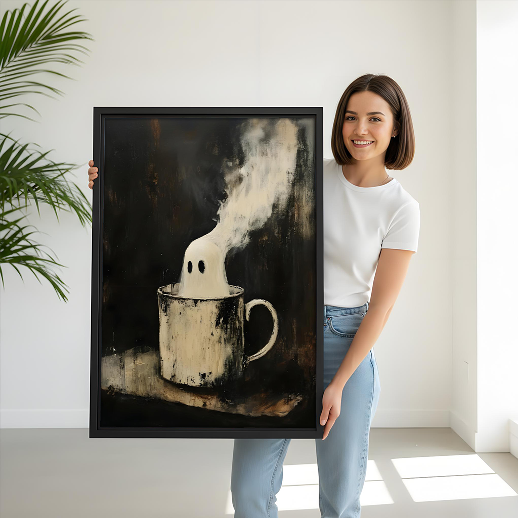Ghost mug canvas wall art in a black frame displayed beside a child's bunk bed