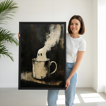 Ghost mug canvas wall art in a black frame displayed beside a child's bunk bed