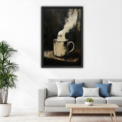 Whimsical ghost mug canvas wall art in a black frame displayed beside a dining room mirror