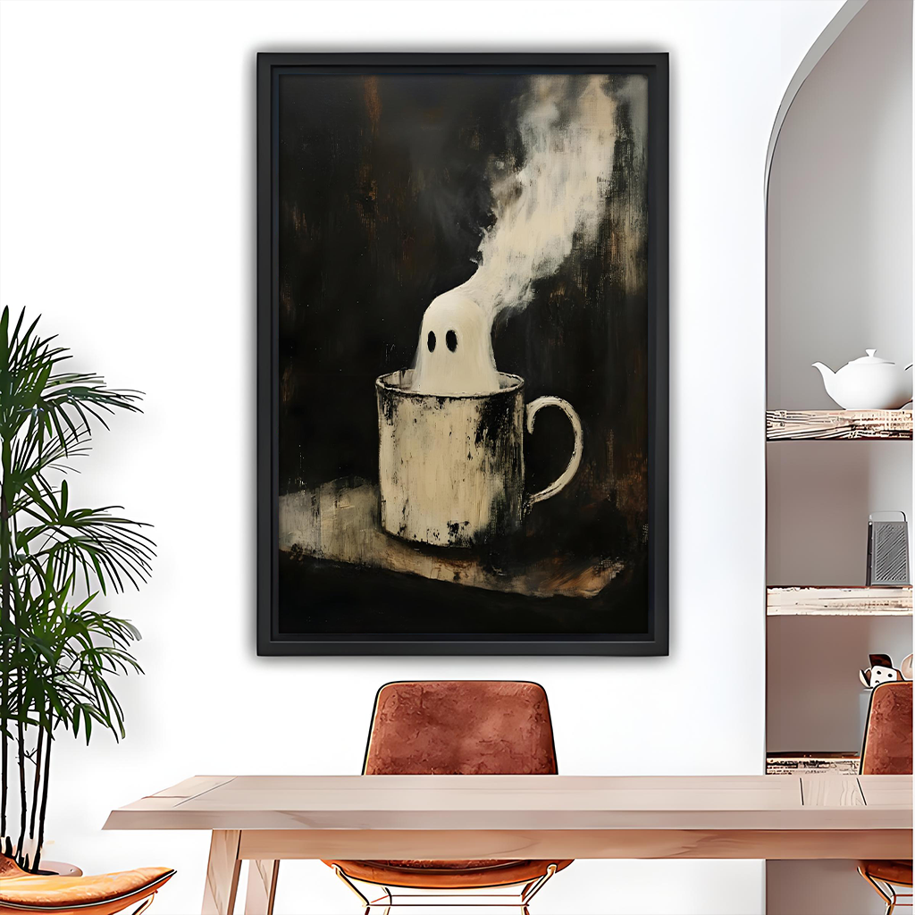 Ghost mug canvas wall art shown in a woman's hands, highlighting the framed artwork's scale