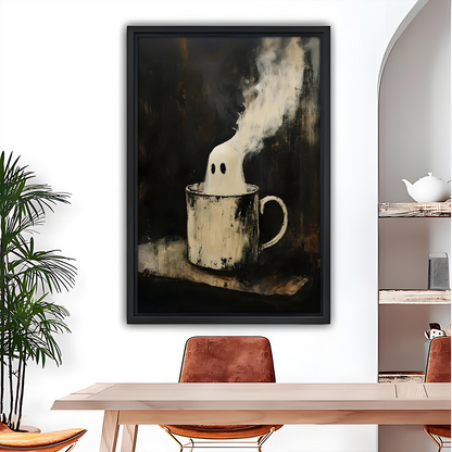 Ghost mug canvas wall art shown in a woman's hands, highlighting the framed artwork's scale