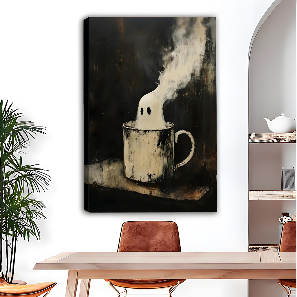 Framed ghost mug wall art above a bright sofa, creating a playful moody living room accent