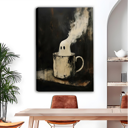 Framed ghost mug wall art above a bright sofa, creating a playful moody living room accent