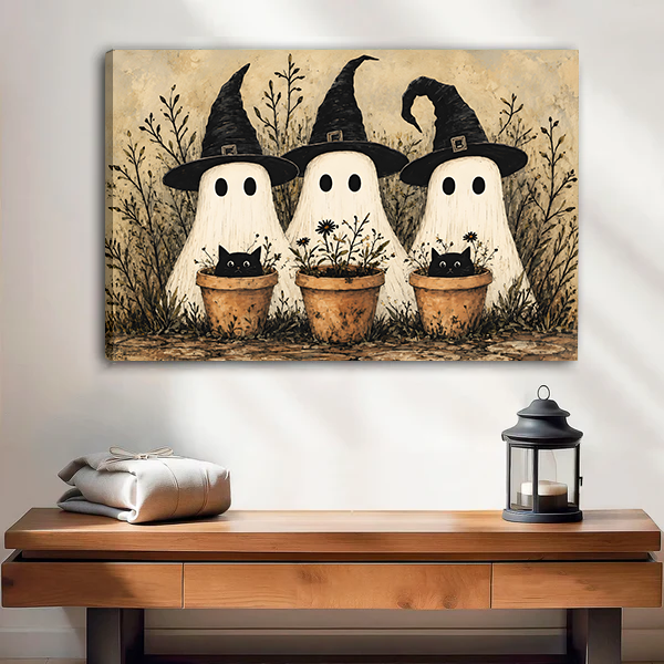 Framed ghosts in witch hats with black cats in pots canvas wall art on a hallway wall above a console
