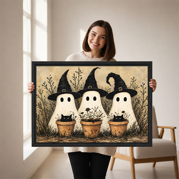 Vintage Ghost Trio and Black Cats Halloween Canvas Wall Art | Framed & Unframed l4532