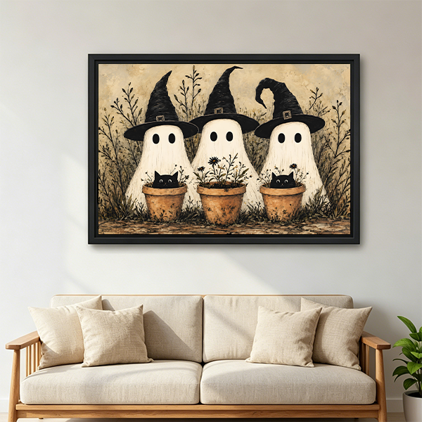 Ghost trio and black cats Halloween canvas wall art framed in black above a cream sofa with linen cushions