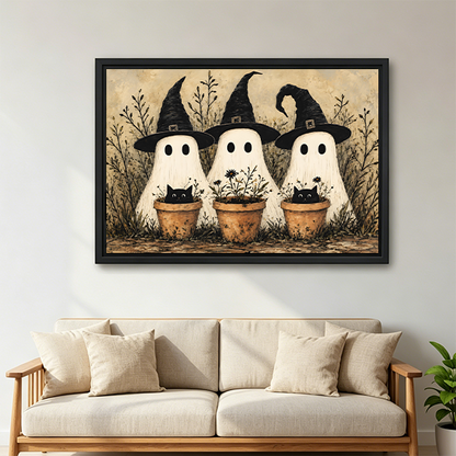 Ghost trio and black cats Halloween canvas wall art framed in black above a cream sofa with linen cushions