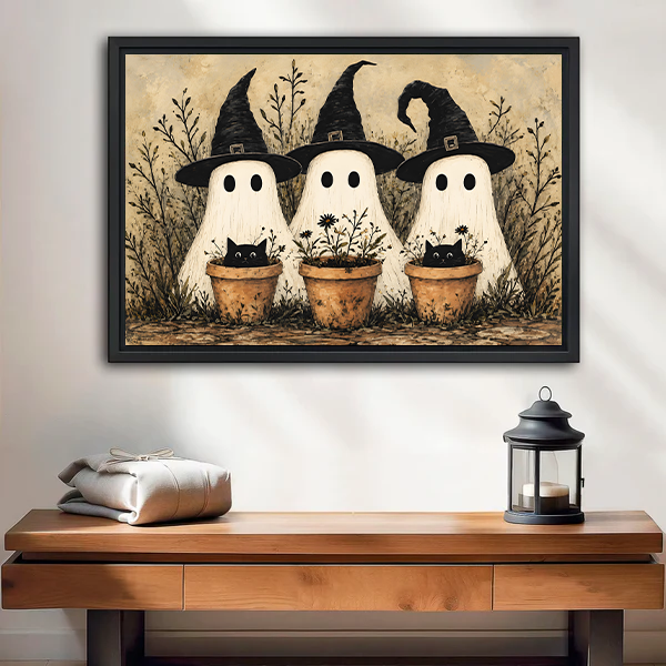 Unframed gallery-wrap ghost trio and black cats Halloween canvas wall art above a wooden entryway bench