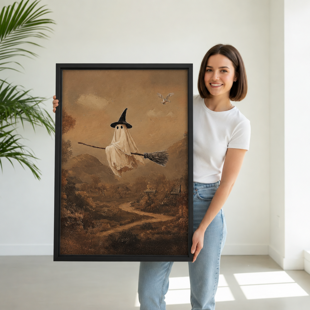 Woman holding large vertical framed canvas of whimsical ghost in black witch hat riding broomstick over vintage brown landscape with owl in background