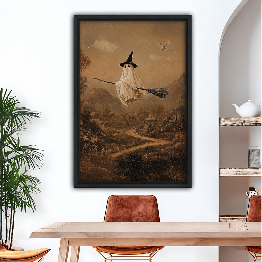 Whimsical ghost in black witch hat riding broomstick over vintage sepia countryside with owl in amber sky framed canvas above wood dining table