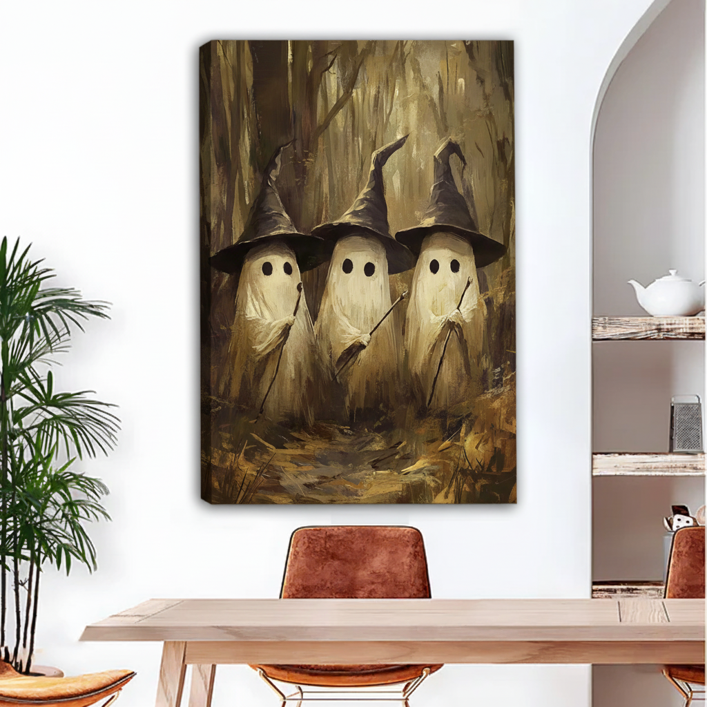 Gallery-wrap ghost witches canvas wall art featuring three spirits in crooked hats within a shadowy forest.