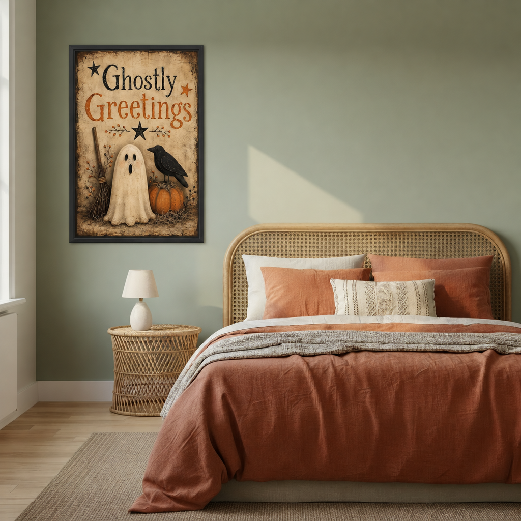 Ghostly Greetings canvas wall art in a black frame decorates a bedroom wall above the bed.