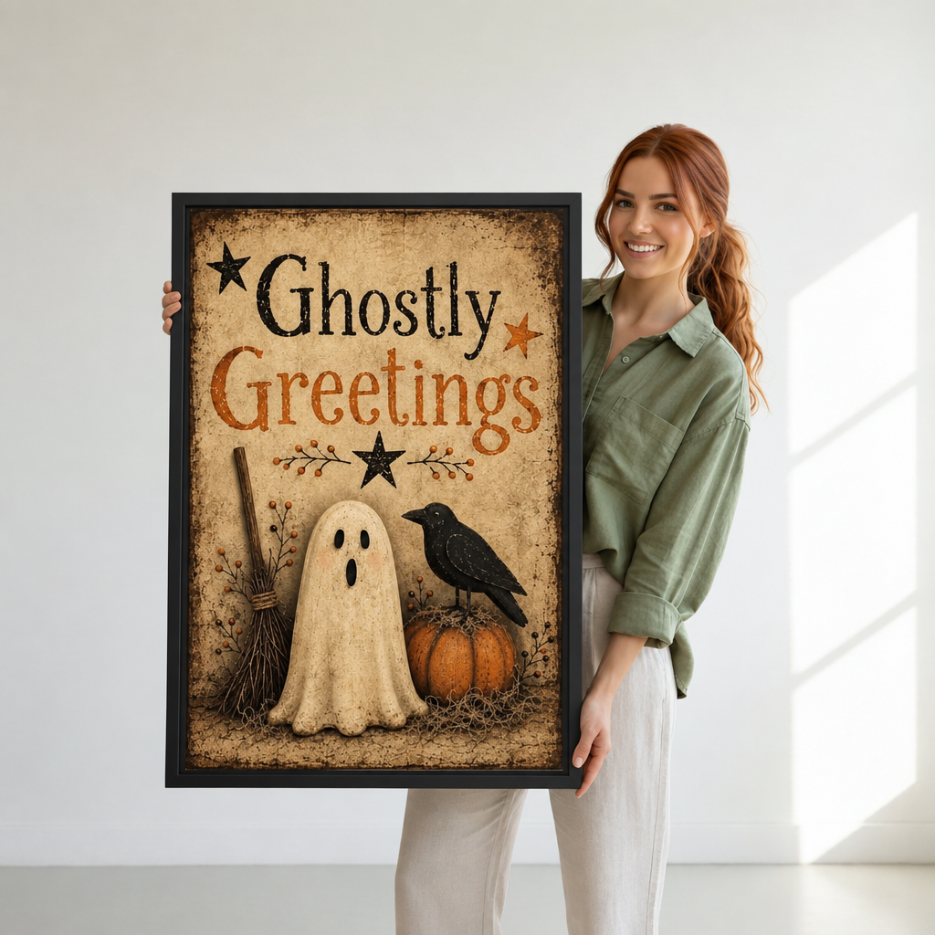 A woman holds framed Ghostly Greetings Halloween canvas wall art featuring a ghost, raven, and autumn pumpkin.