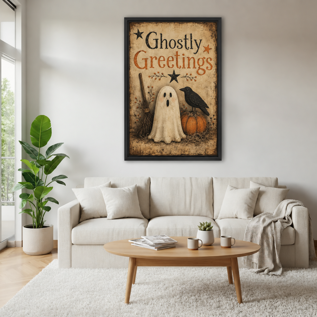 Framed Ghostly Greetings Halloween canvas wall art hangs above a sofa in a bright living room.