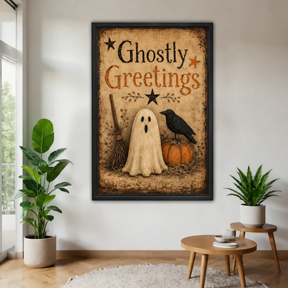Ghostly Greetings Halloween canvas wall art in a black frame features a friendly ghost, raven, pumpkin, and broom.