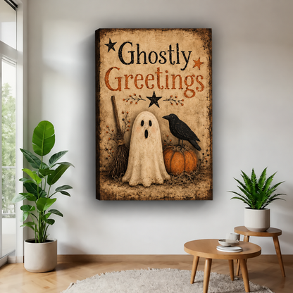 Gallery-wrap Ghostly Greetings canvas wall art displays a sheet ghost, black raven, and pumpkin in a rustic scene.