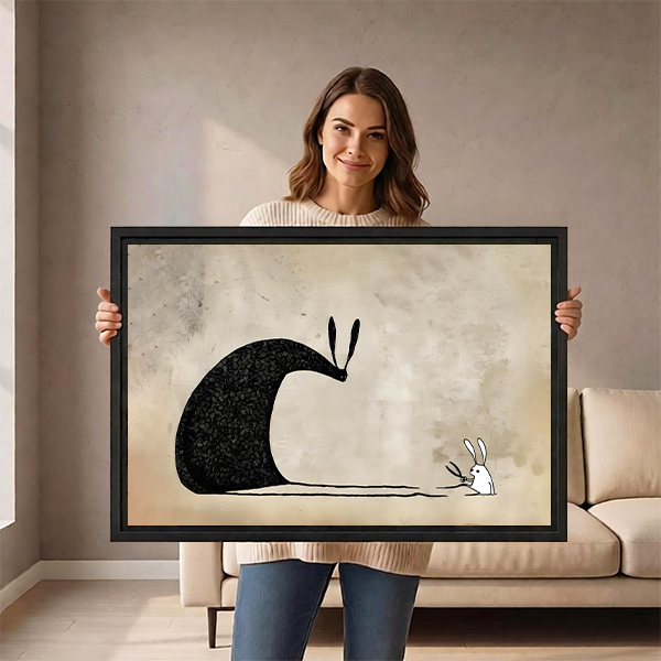 Woman holding framed minimalist giant rabbit and small bunny canvas art with a neutral abstract background