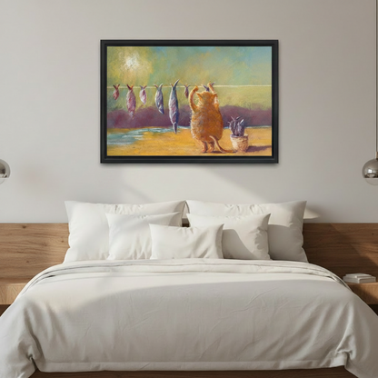 ginger-cat-fish-clothesline-beach-black-frame-bedroom-above-bed
Alt text: