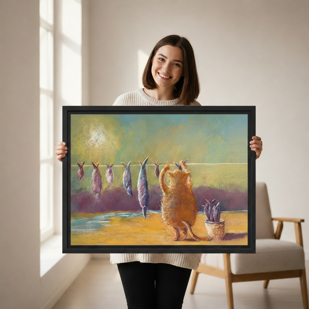 Woman holding a large black-framed canvas art print of a round ginger cat on a sandy beach reaching up to a clothesline strung with dried fish, painted in warm golden and teal oil painting tones