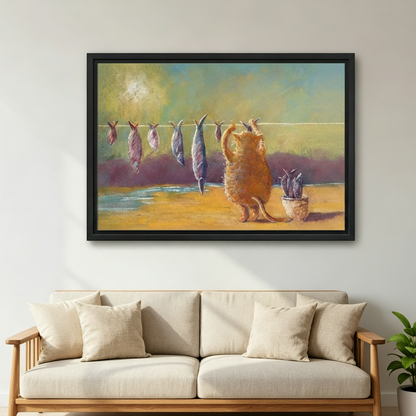Black framed whimsical ginger cat and fish clothesline oil painting hung above a cream linen sofa in a bright Scandinavian living room, featuring a fluffy cat on a warm golden beach under a glowing sky