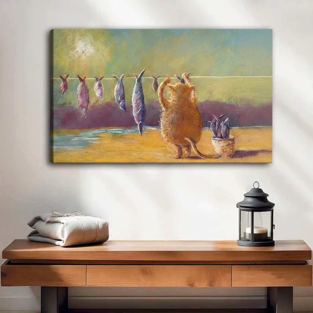 Frameless gallery-wrap canvas of a chubby ginger cat standing on a sunny beach reaching toward a rope hung with dried fish, with a ceramic pot of fish nearby, hung above a rustic wooden console table