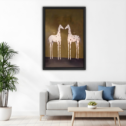 Giraffe pair canvas wall art displayed beside a bunk bed in a cheerful children’s bedroom